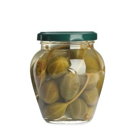 Photo of Capers in glass jar isolated on white