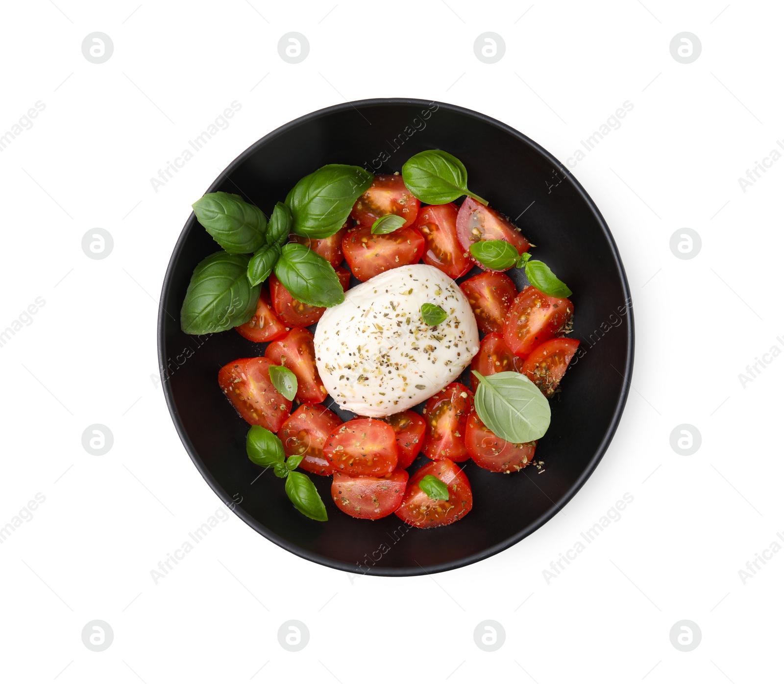 Photo of Tasty salad Caprese with mozarella, tomatoes and basil on white background, top view
