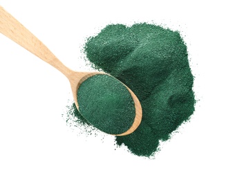 Photo of Spirulina algae powder and spoon on white background, top view