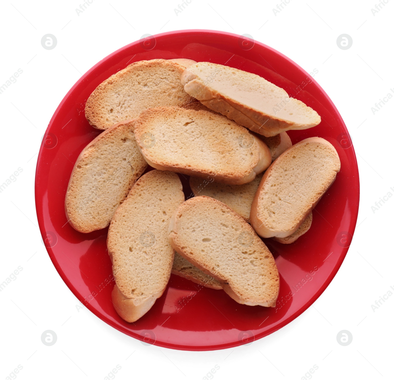 Photo of Plate of hard chuck crackers on white background, top view