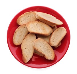 Photo of Plate of hard chuck crackers on white background, top view