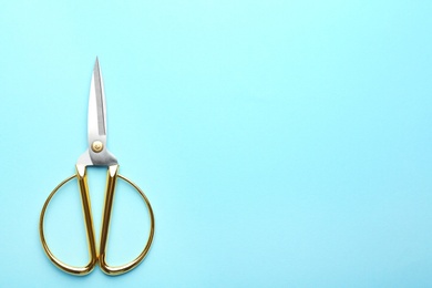 Photo of Pair of sharp scissors on color background, top view. Space for text