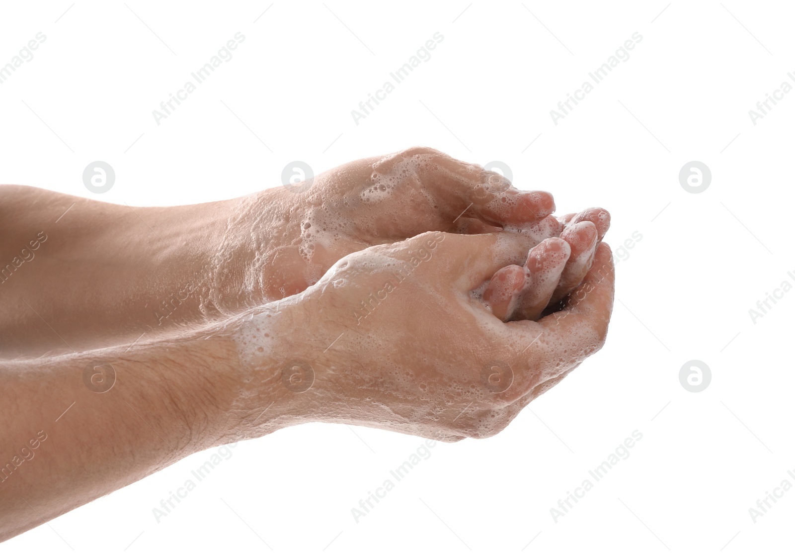 Photo of Man washing hands with soap on white background, closeup