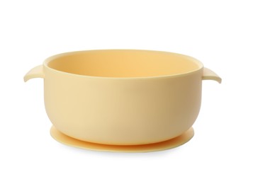 Plastic bowl on white background. Serving baby food