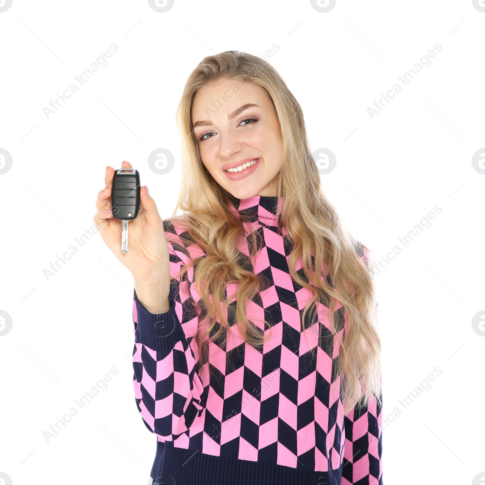 Photo of Happy young woman with car key on white background. Getting driving license