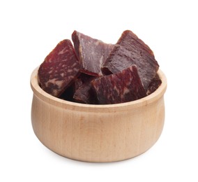 Delicious beef jerky in wooden bowl isolated on white