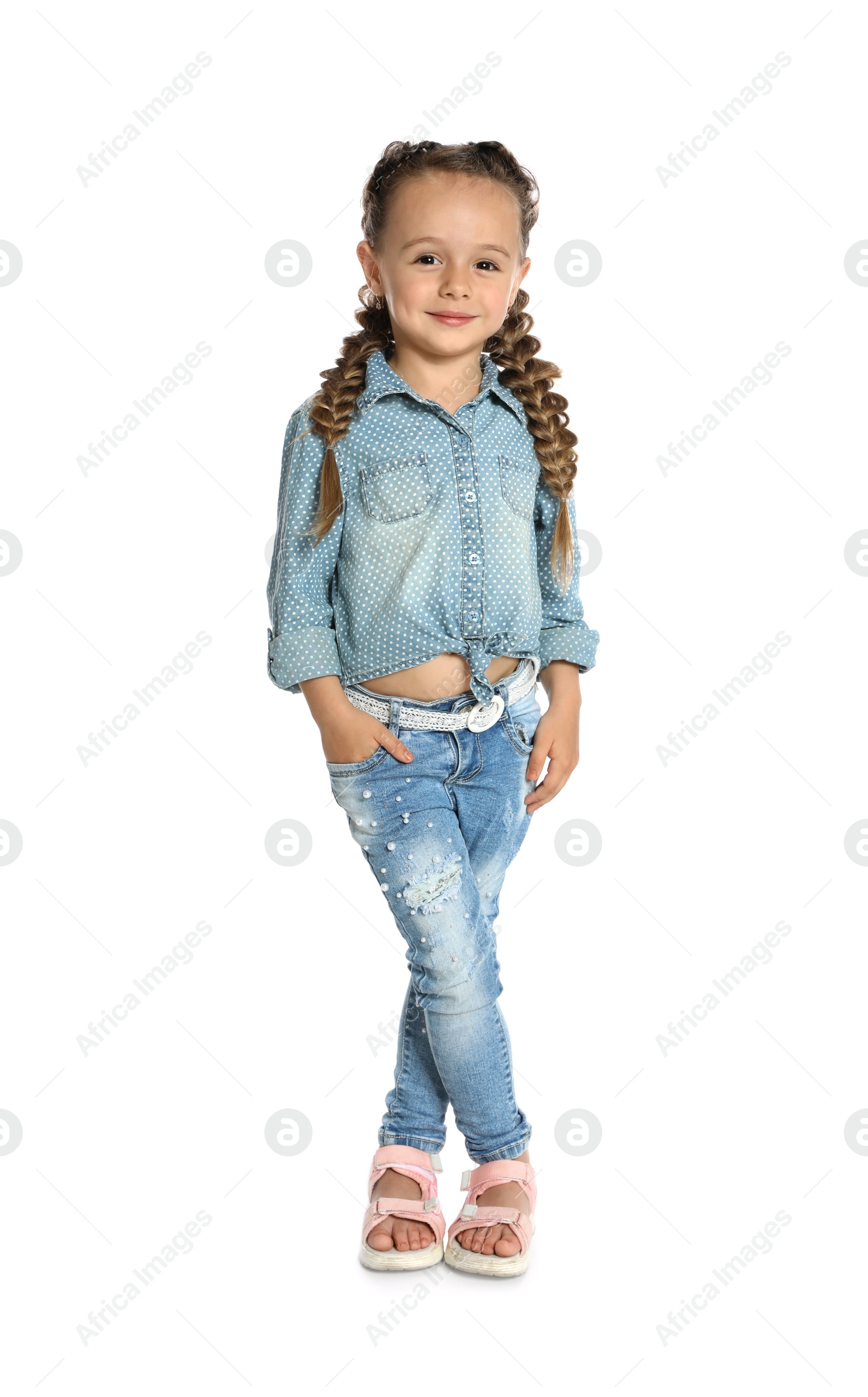 Photo of Full length portrait of cute little girl on white background