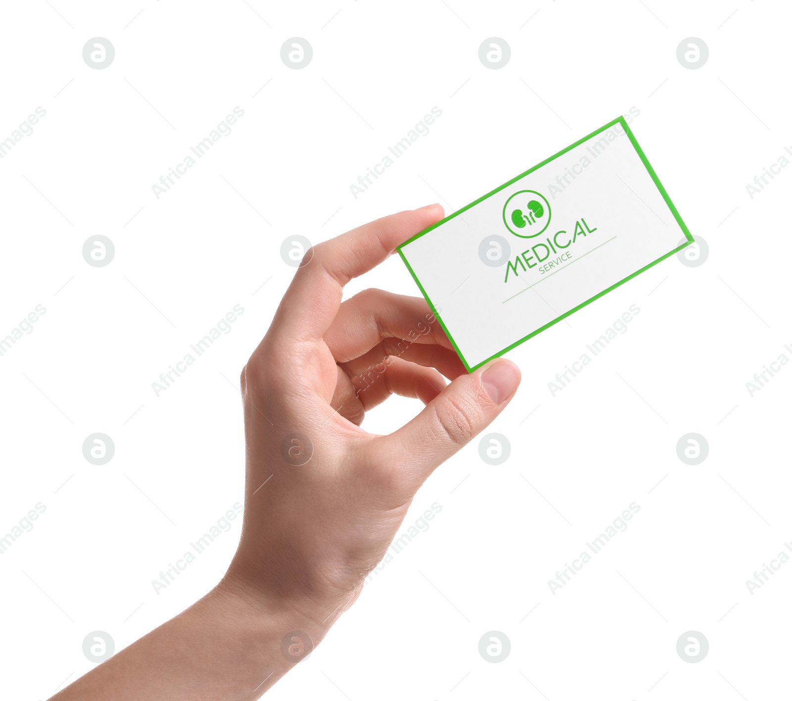 Photo of Woman holding medical business card isolated on white, closeup. Nephrology service