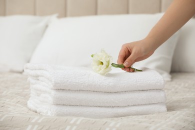 Photo of Woman putting Eustoma flower on folded towels in bedroom, closeup