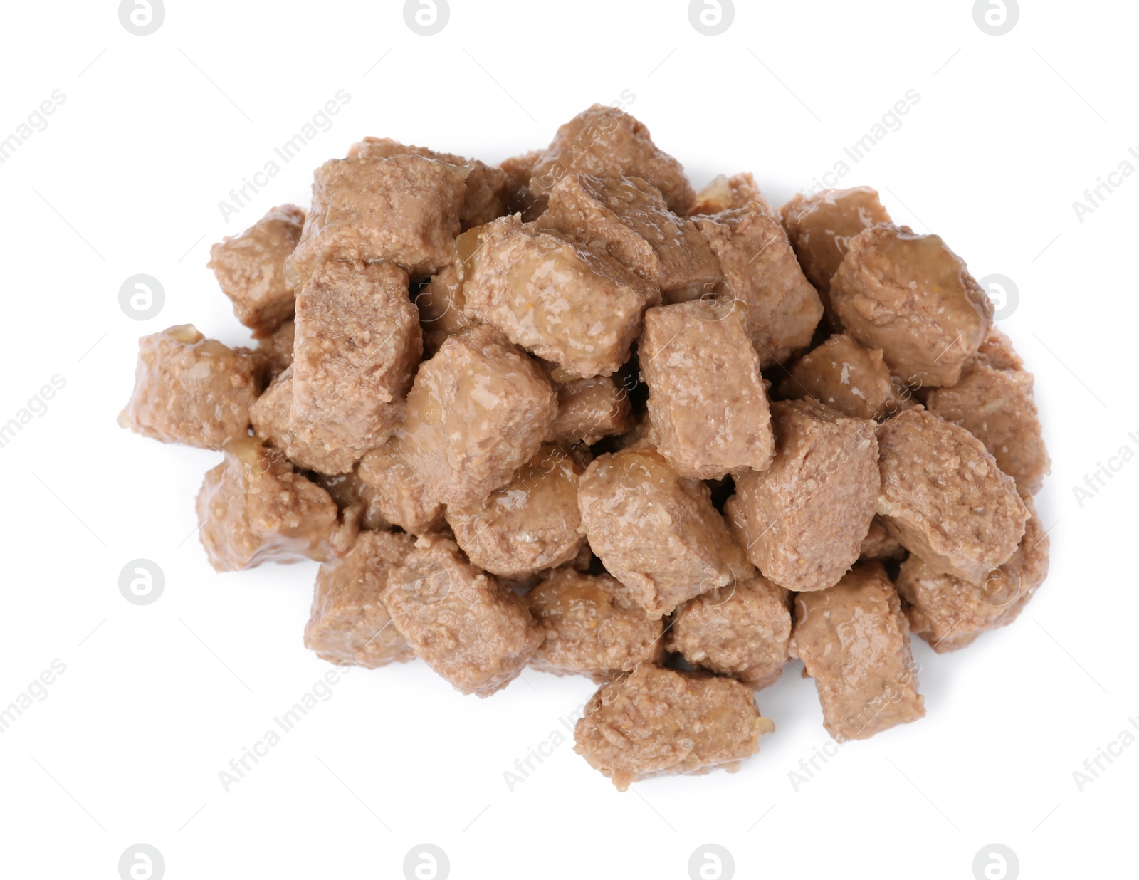 Photo of Pile of wet pet food isolated on white, top view