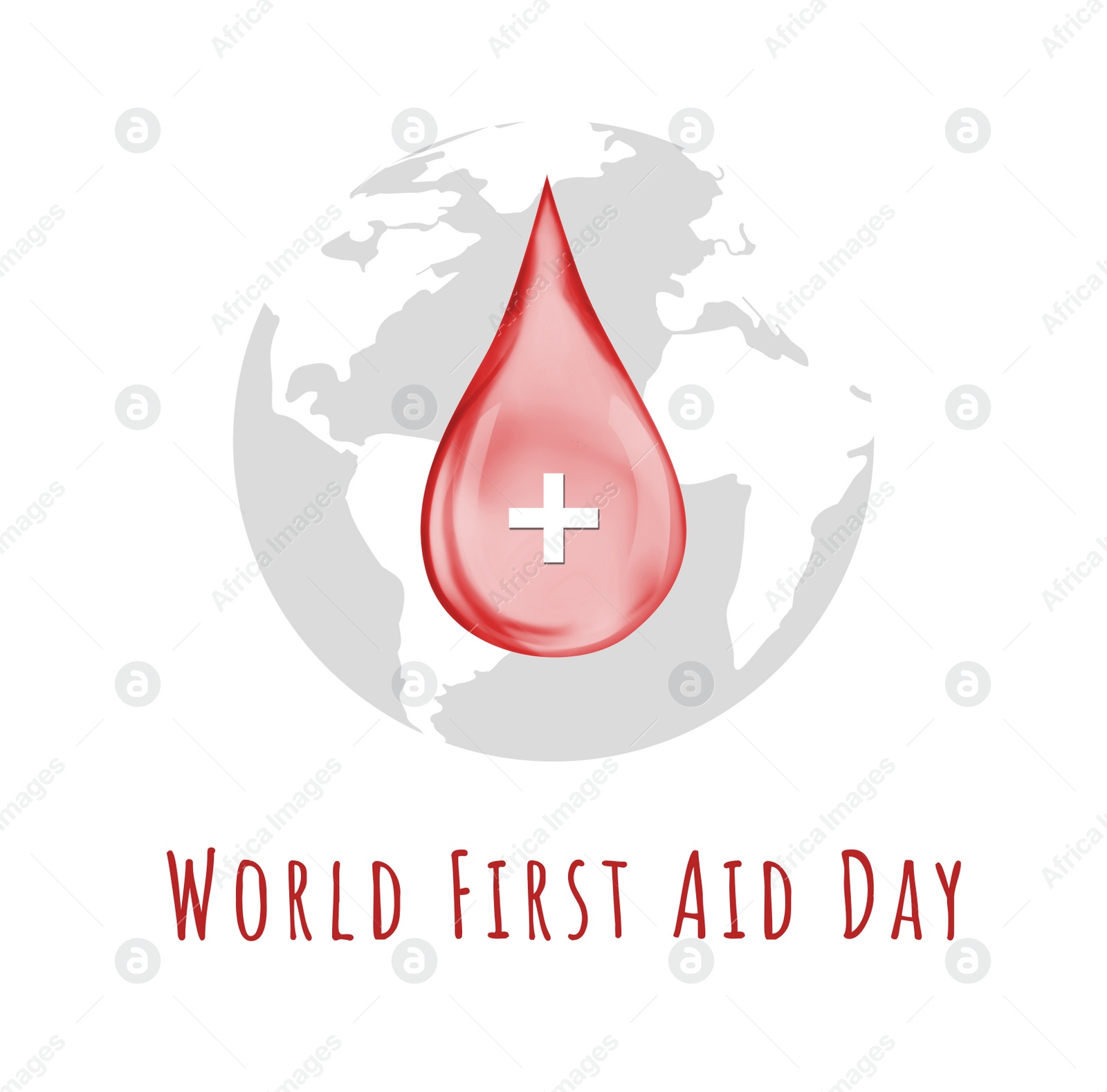 Illustration of World First Aid Day. Drop of blood with cross symbol and Earth on white background, illustration 