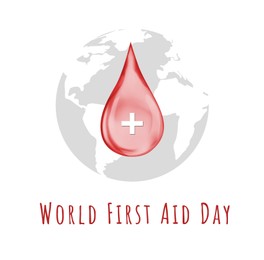 Illustration of World First Aid Day. Drop of blood with cross symbol and Earth on white background, illustration 