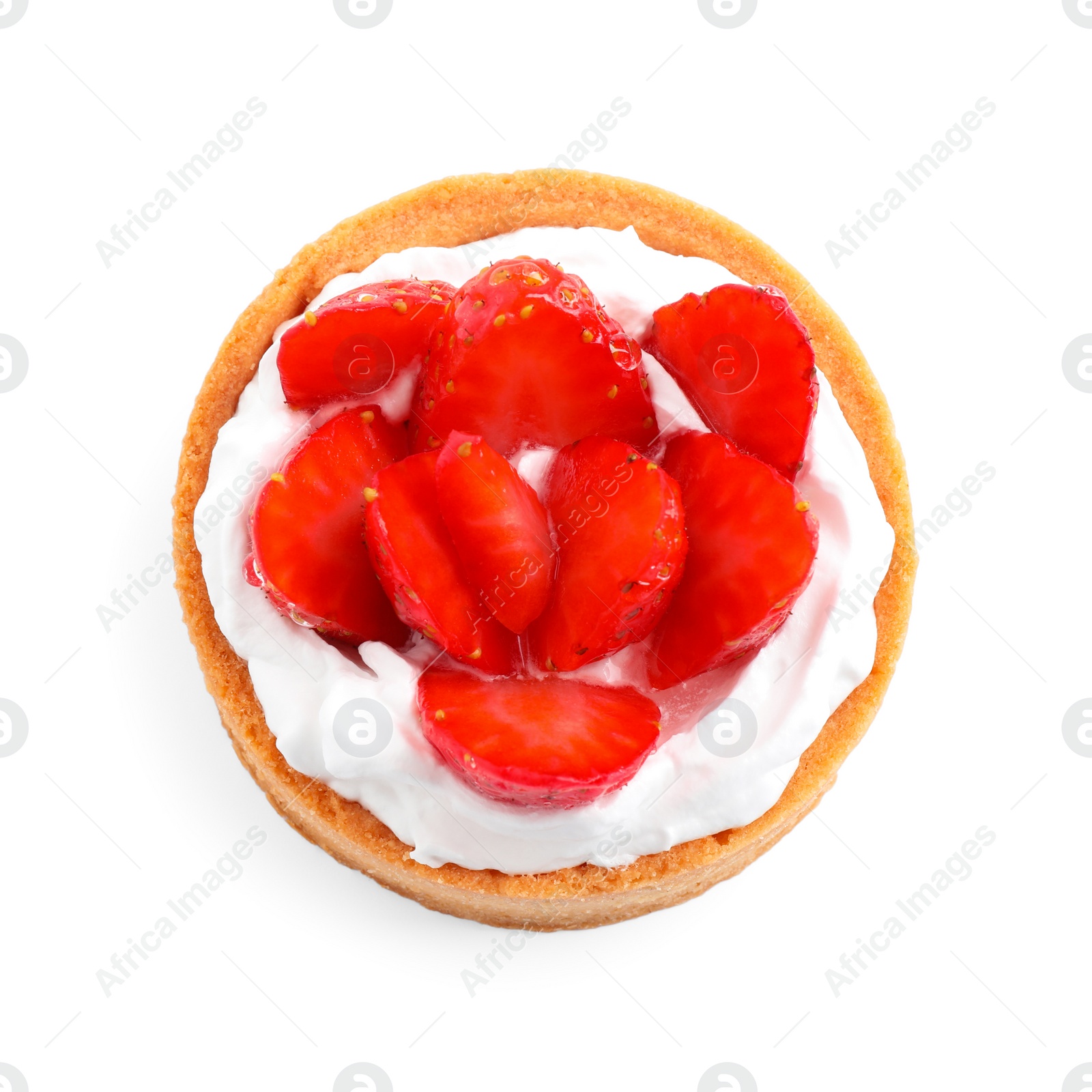 Photo of Delicious sweet pastry with berries on white background, top view