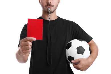 Photo of Football referee with ball and whistle holding red card on white background, closeup