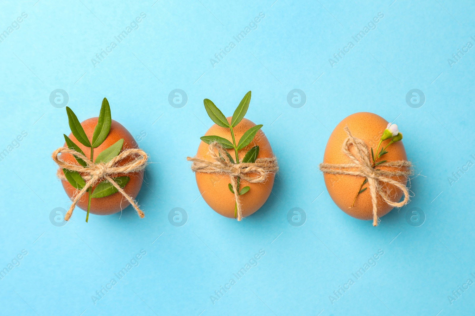 Photo of Chicken eggs and natural decor on light blue background, flat lay. Happy Easter