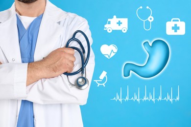 Image of Illustration of stomach and mature doctor with stethoscope on light blue background, closeup