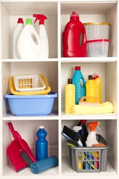 Photo of Different cleaning supplies and tools on shelves