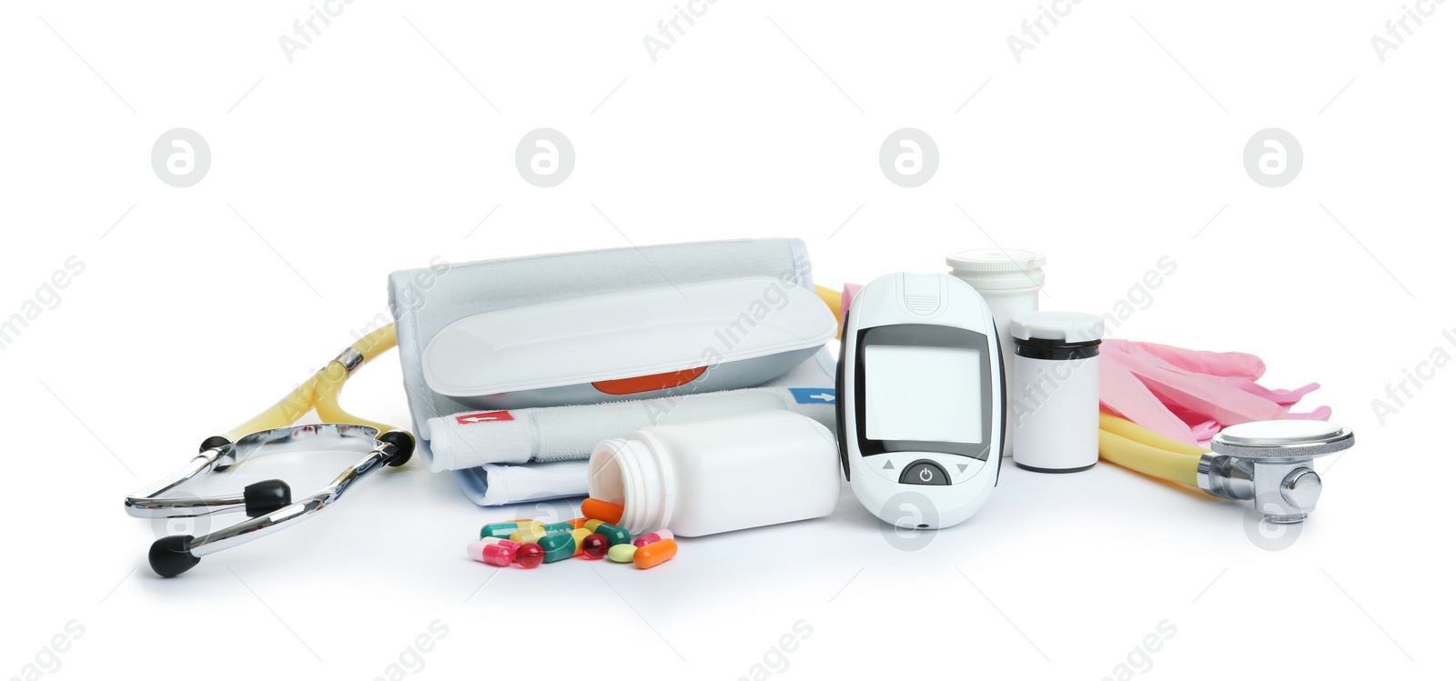 Photo of Different medical objects on white background. Health care