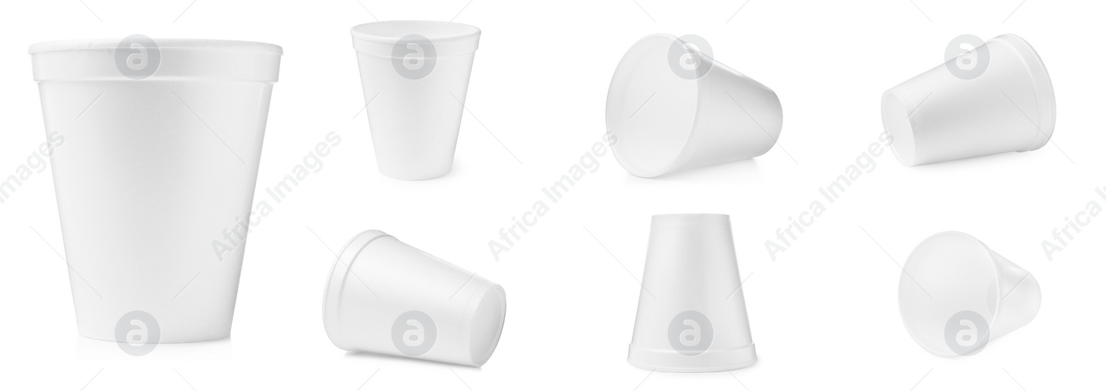 Image of Set with styrofoam cups on white background. Banner design