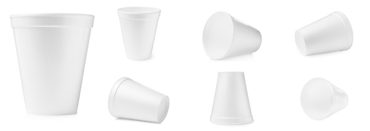 Image of Set with styrofoam cups on white background. Banner design