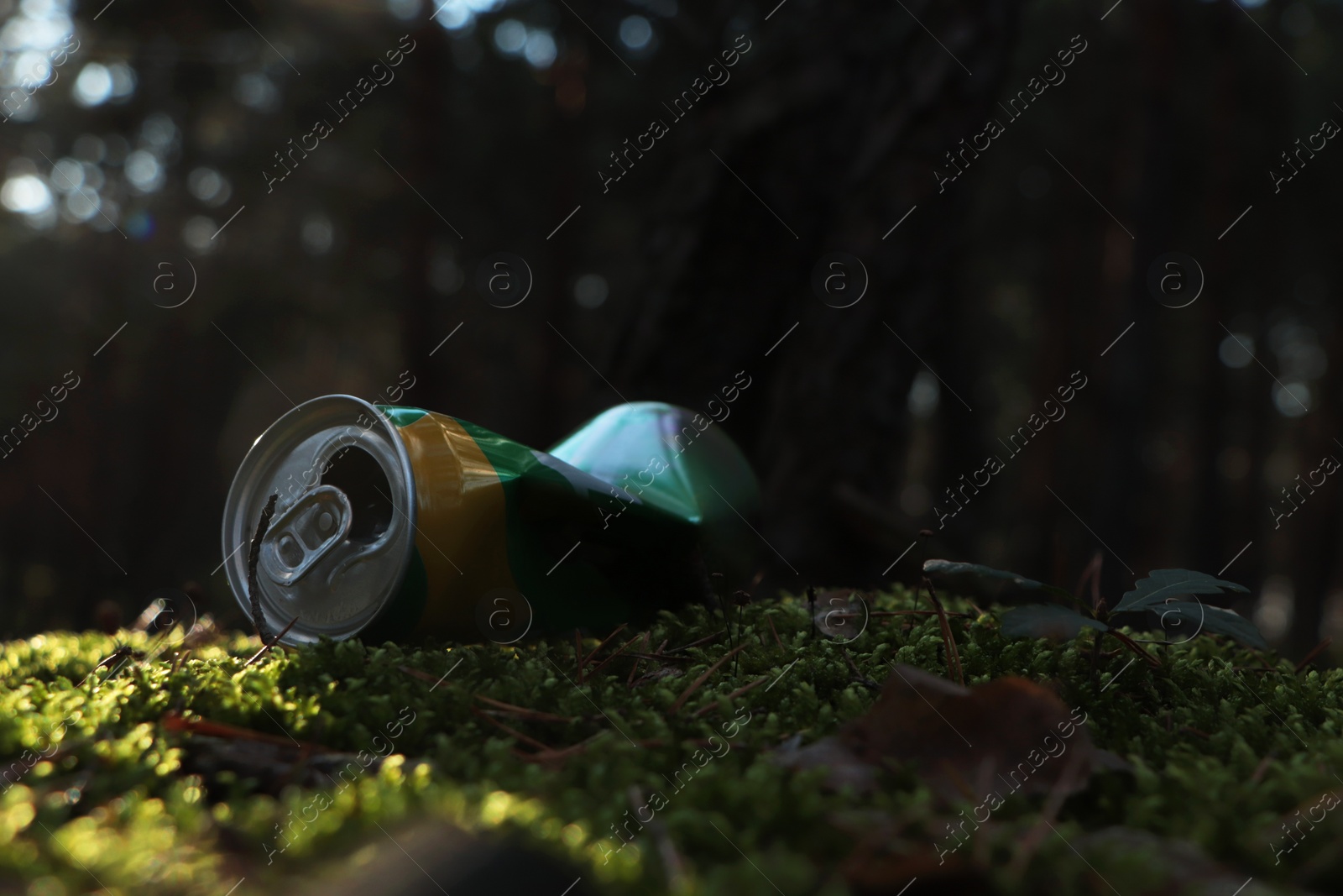 Photo of Used aluminum can on grass in forest, space for text. Recycling problem