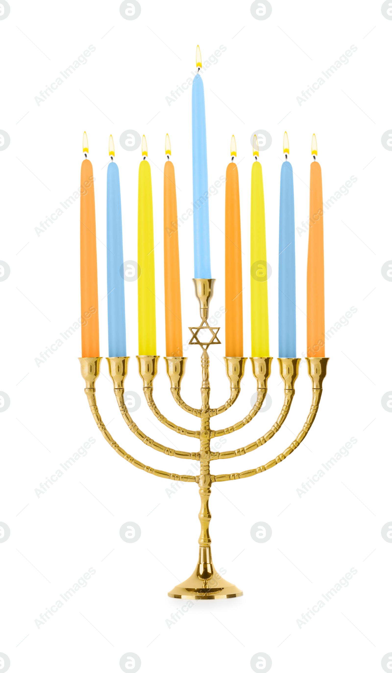 Photo of Hanukkah celebration. Menorah with colorful candles isolated on white