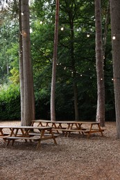 Photo of Wooden benches and tables in forest. Recreation area