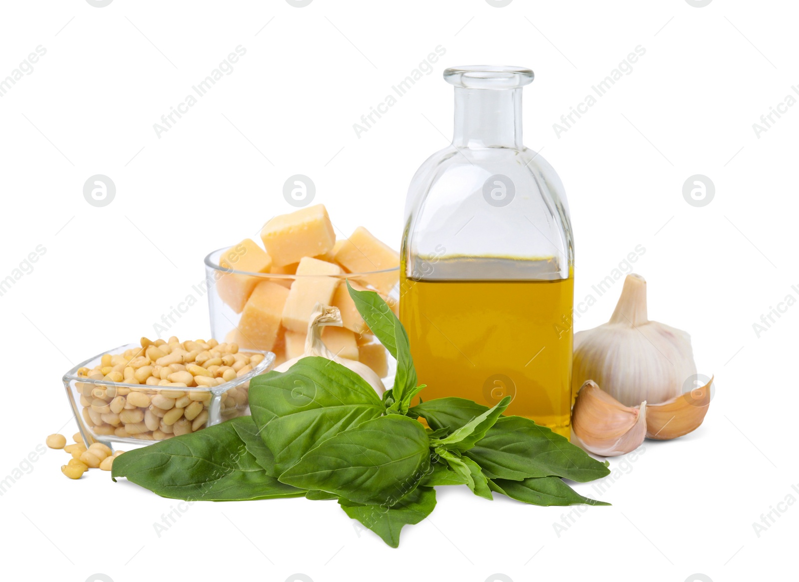 Photo of Different ingredients for cooking tasty pesto sauce isolated on white