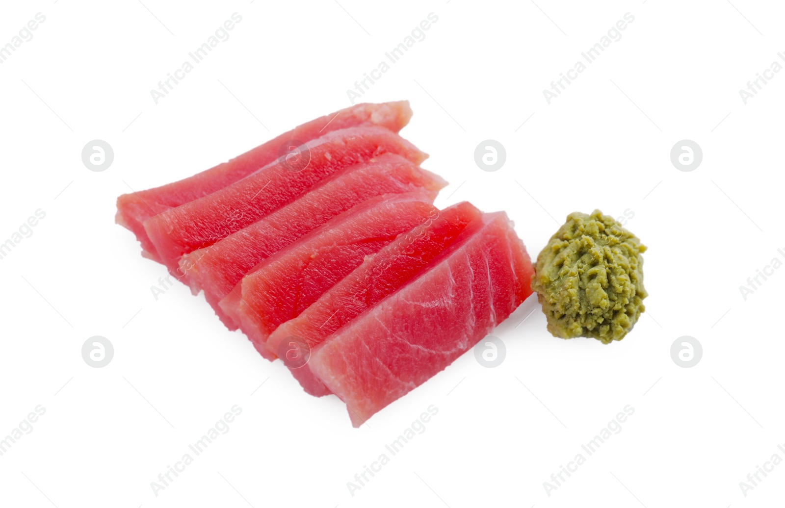 Photo of Tasty sashimi (slices of fresh raw tuna) and vasabi isolated on white