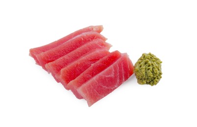 Photo of Tasty sashimi (slices of fresh raw tuna) and vasabi isolated on white