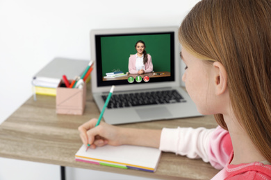 Image of Distance learning, online school lesson. Girl studying at home during quarantine and lockdown due to Covid-19 pandemic