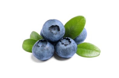 Photo of Fresh ripe blueberries with leaves on white background