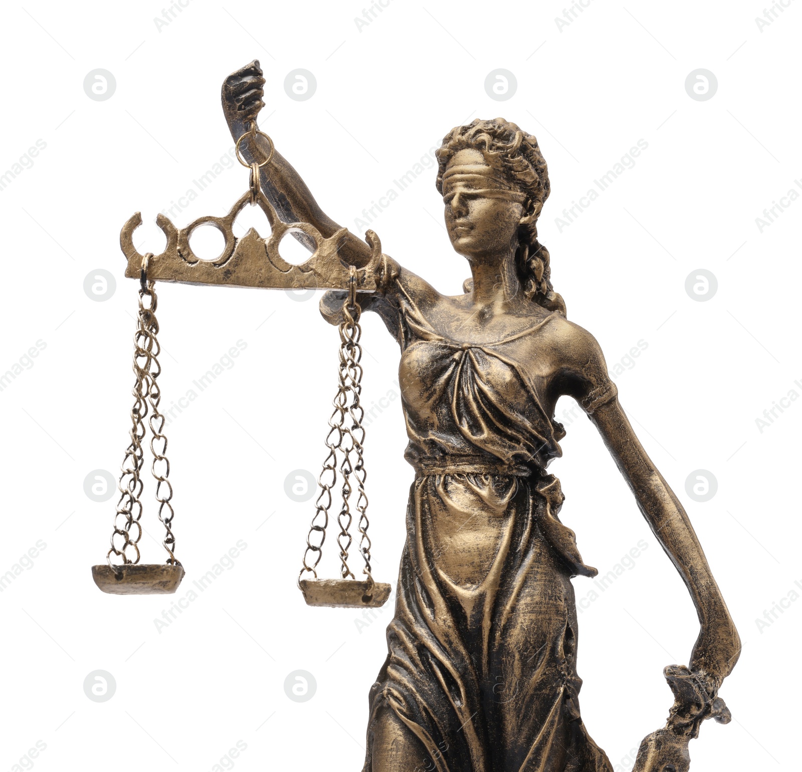 Photo of Statue of Lady Justice isolated on white. Symbol of fair treatment under law