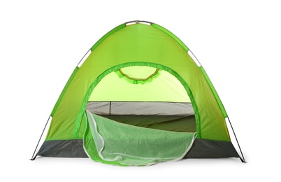 Photo of Comfortable green camping tent on white background