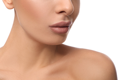 Photo of Woman with pink lipstick on white background, closeup