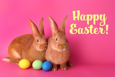 Happy Easter! Cute bunnies and dyed eggs on pink background 