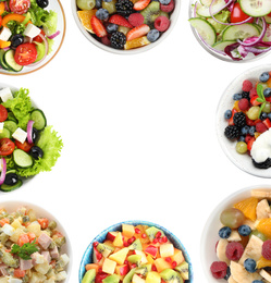 Image of Set with different salads on white background, top view