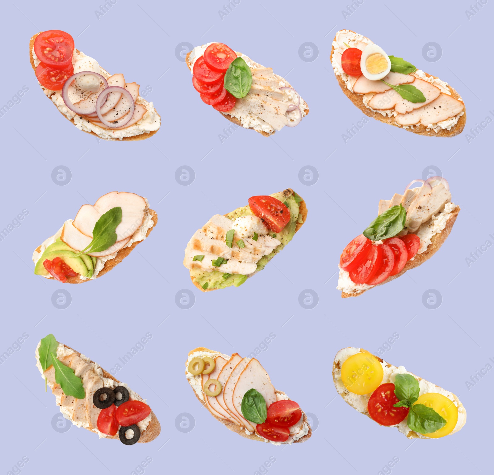 Image of Set of delicious toasted bread with different toppings on grey background, top view