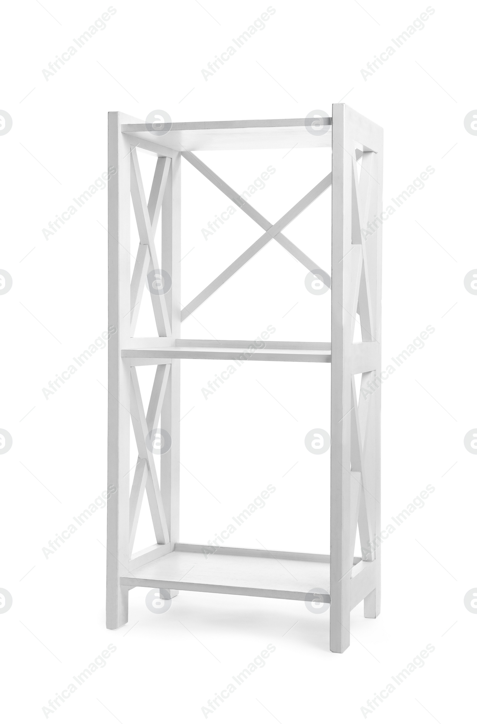 Photo of Empty wooden shelving unit isolated on white