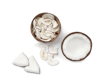 Composition with tasty coconut chips on white background, top view