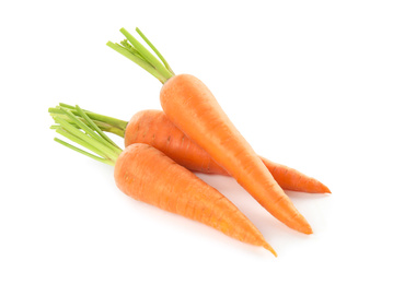 Photo of Pile of fresh ripe carrots isolated on white