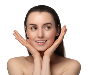 Portrait of beautiful young woman on white background