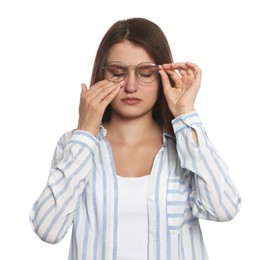 Photo of Young woman suffering from eyestrain on white background