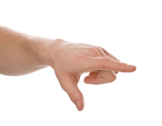 Man pointing at something on white background, closeup of hand