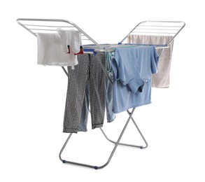Photo of Modern drying rack with clothes on white background