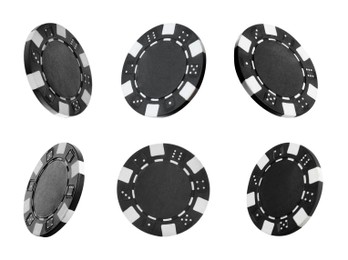 Image of Set with black casino chips on white background