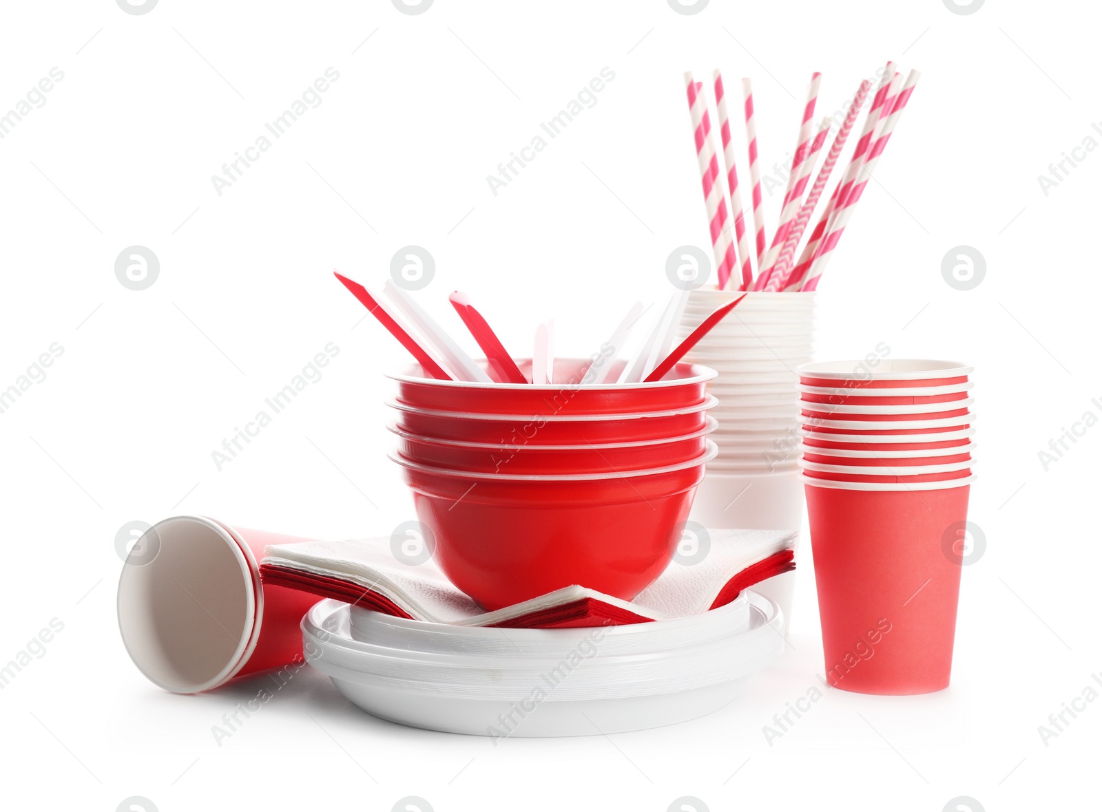 Photo of Plastic dishware isolated on white. Picnic table setting