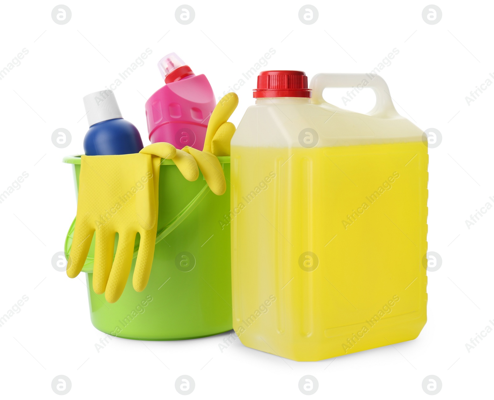 Photo of Set of different cleaning supplies on white background