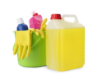 Photo of Set of different cleaning supplies on white background