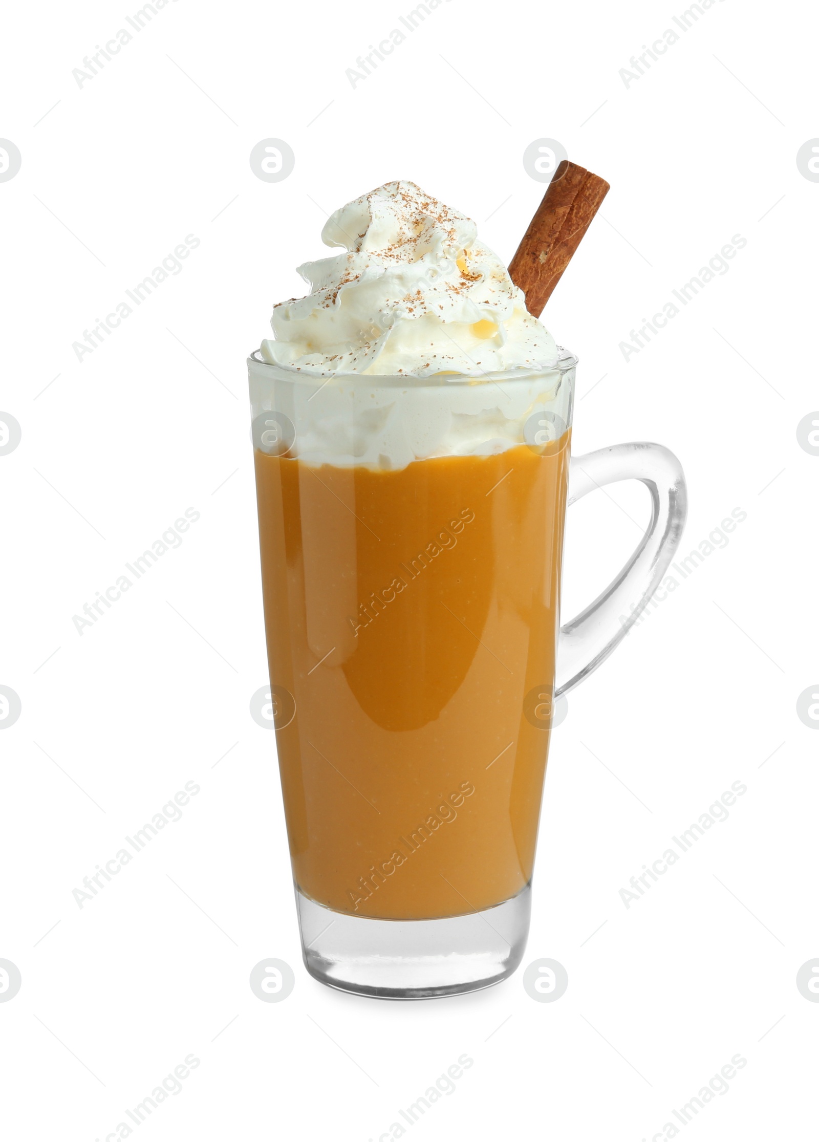 Photo of Cup of pumpkin spice latte with whipped cream and cinnamon stick isolated on white